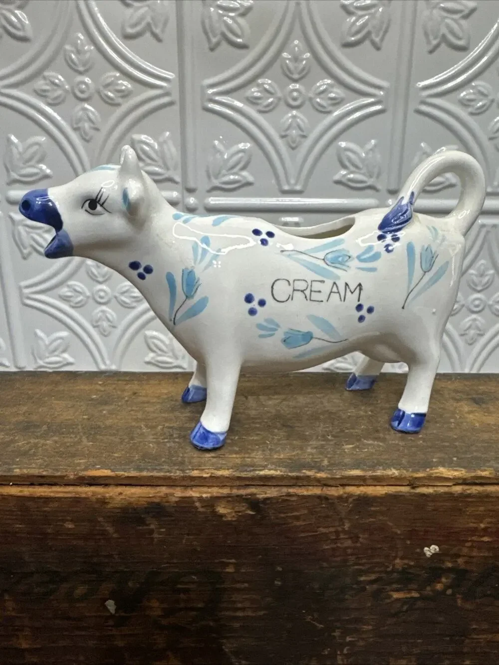 Vtg. Enesco Ceramic Cow Creamer Delft Blue Flowers GilmoreGirls Cottage Core